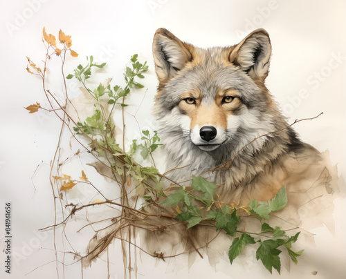 painting of a wolf with a plant in the foreground and a white background.