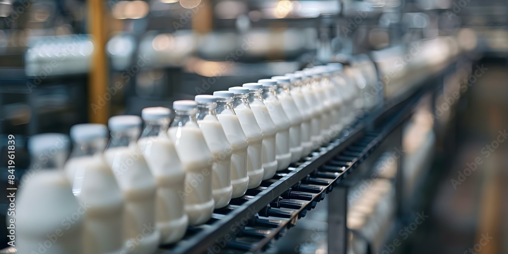 Optimized milk bottling line in factory for efficient production and productivity. Concept Milk Production Efficiency, Bottling Line Optimization, Factory Productivity, Process Automation Optimized milk bottling line in factory for efficient production and productivity. Concept Milk Production Efficiency, Bottling Line Optimization, Factory Productivity, Process Automation