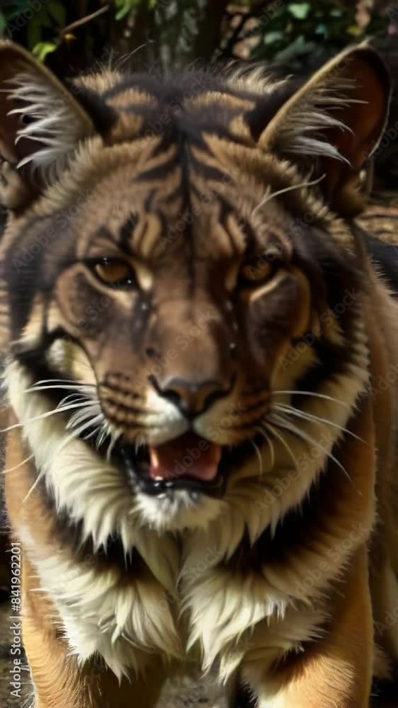 A small domestic kitten transforms into a tiger and a lion. Vertical video. Artificial intelligence. A small domestic kitten transforms into a tiger and a lion. Vertical video. Artificial intelligence.