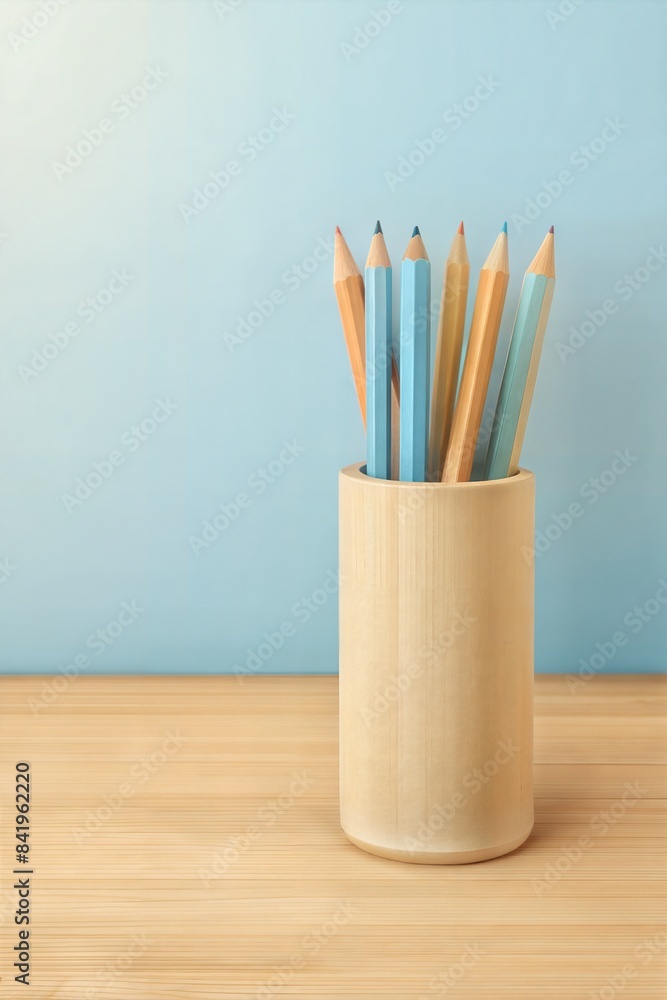 Obraz premium Wooden pencil holder filled with colored pencils stands on a wooden desk against a soft blue background, evoking a calm study atmosphere symbolizing knowledge and education, learning, study