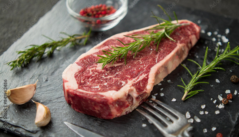 Wagyu steak with exquisite marbling on black slate. Captured in silhouette, this image highlights the steak's rich texture and premium quality. Perfect for culinary visuals