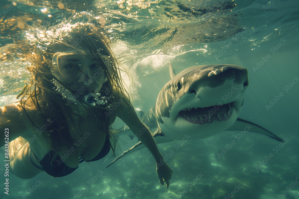 Fototapeta premium Woman Swimming Underwater With a Great White Shark