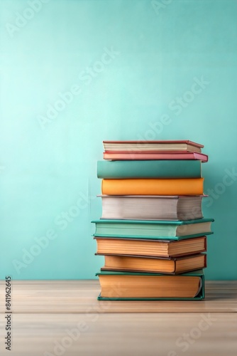 Neat stack of colorful books on a wooden desk against a soft blue background with ample copy space symbolizing knowledge and education, learning, study