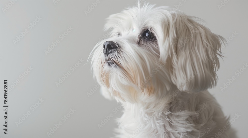 closeup portrait of an adorable Maltese dog looking up with copy space closeup portrait of an adorable Maltese dog looking up with copy space