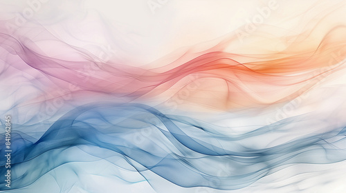 A vibrant abstract painting featuring fluid, overlapping waves of blue, pink, and peach hues