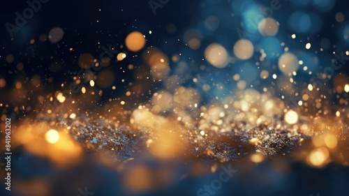 Close up of golden glitter on a textured blue surface. A blue and gold background with sparkles scattering around on the floor with blurring background. Festive and luxury background concept. AIG35.