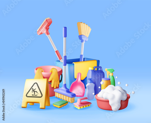 3D set of home cleaning tools isolated. Render collection of accessories for washing dishes and house cleaning. Bottle of detergent, sponge, soap gloves. Bucket, mop broom dustpan. Vector illustration