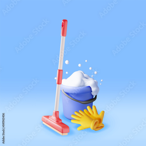 3d cleaning time or service concept isolated. Render bucket with soapy foam, mop and gloves for cleaning and washing. House cleaning equipment. Household accessories. Realistic vector illustration