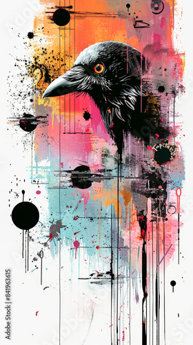 A urban abstract graffiti wall art, abstract portraits of a crow. in the style of collage-like compositions. Poster design photo