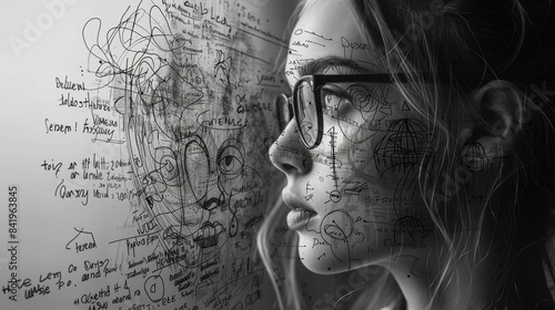 A contemplative woman in glasses looks at an interactive whiteboard, deep in thought on mathematical equations on it.
