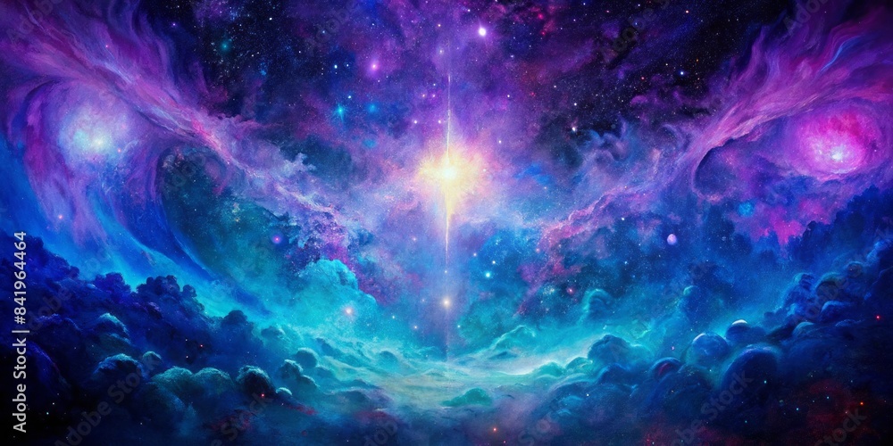 A vivid abstract painting, with a dominant color palette of dark purples and blues, showcasing gradient transitions and a hint of cosmic light effects. A vivid abstract painting, with a dominant color palette of dark purples and blues, showcasing gradient transitions and a hint of cosmic light effects.