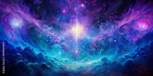 A vivid abstract painting, with a dominant color palette of dark purples and blues, showcasing gradient transitions and a hint of cosmic light effects. © TrueAI