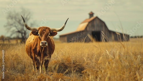 Close up of texas longhorn cattle in pasture with copy space area for text