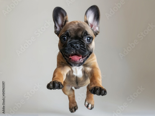 A joyful French Bulldog puppy with expressive eyes and floppy ears leaps toward the camera  full of energy and playfulness  against a soft  neutral background.