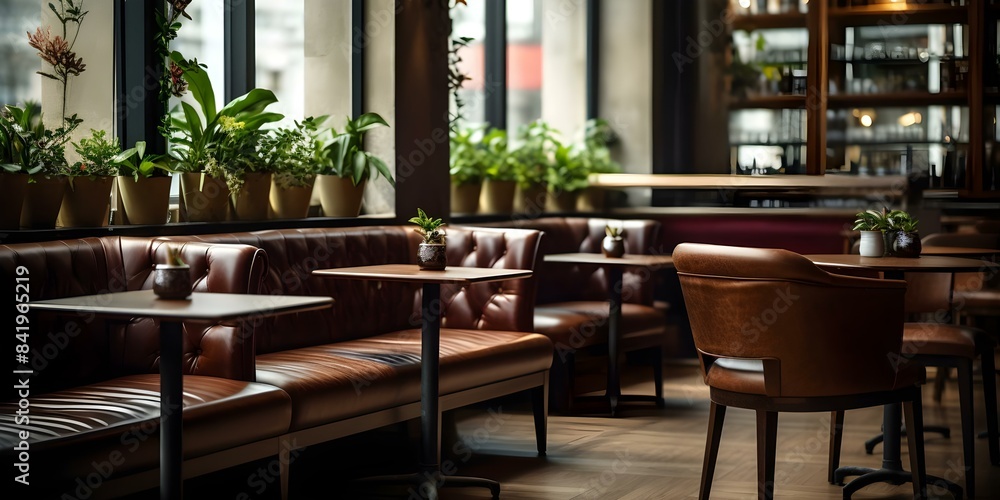 Obraz premium Modern cafe interior with a cozy coffee shop ambiance. Concept Cafe Interior Design, Cozy Atmosphere, Modern Architecture, Coffee Shop Decor, Relaxing Ambiance