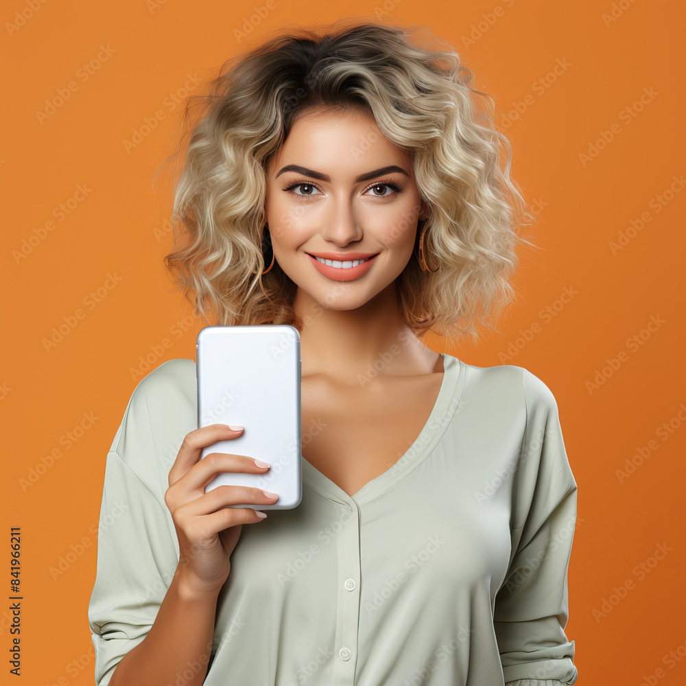 Smiling pretty woman holding smartphone with white mockup blank device screen in hand close up to camera, orange studio. Smiling pretty woman holding smartphone with white mockup blank device screen in hand close up to camera, orange studio.