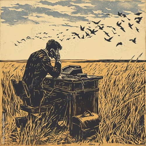 lino-cut print of a man in suit answering the telephone on desk within a field of wheat, briefcases are flying like birds in the sky