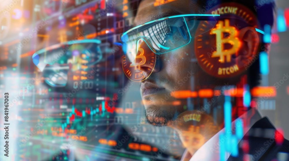 A businessman wearing virtual reality glasses is looking at a digital display of the Bitcoin cryptocurrency. A businessman wearing virtual reality glasses is looking at a digital display of the Bitcoin cryptocurrency.