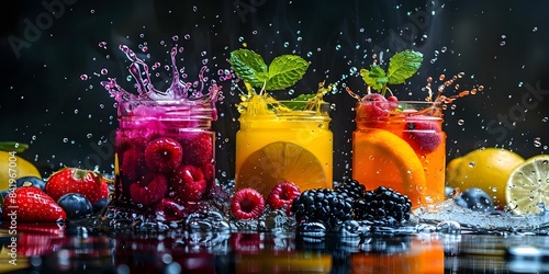 Fototapeta Naklejka Na Ścianę i Meble -  Vibrant liquid explosions in glass containers with fruits on dark background. Concept Food Photography, Fruit Arrangements, Liquid Art, Dark Backgrounds