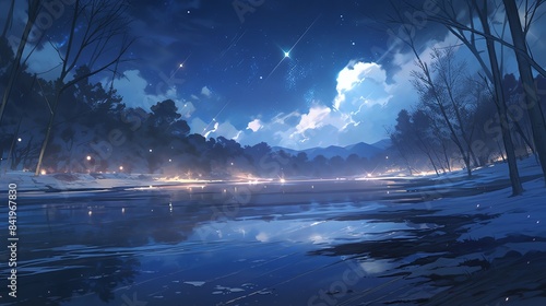 Anime scene, tranquil frozen lake, ice reflecting moonlight, bare trees in the distance, snow falling softly, starry night, wide shot, peaceful and ethereal mood © Ketsarinya