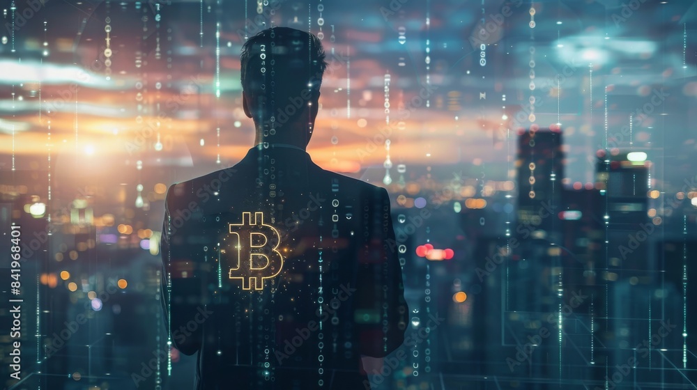 Businessman with bitcoin symbol in the back looking at the city. Concept of success, achievement and leadership in the digital age. Businessman with bitcoin symbol in the back looking at the city. Concept of success, achievement and leadership in the digital age.