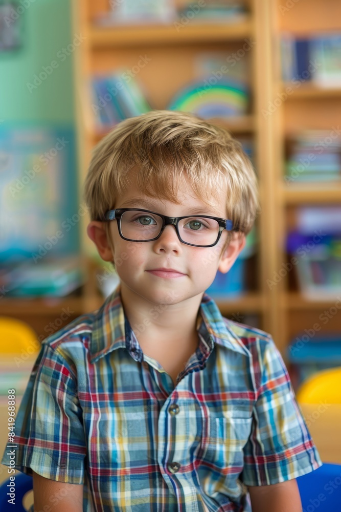a young boy wearing glasses in a classroom a young boy wearing glasses in a classroom