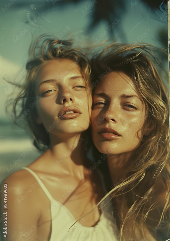Photorealistic two beautiful young women on the beach in Costa Rica, sisters, morning, waking up, sweating, messy hair, relaxed, at dawn, natural lighting, Polaroid photography by Tarkovsky style, Photorealistic two beautiful young women on the beach in Costa Rica, sisters, morning, waking up, sweating, messy hair, relaxed, at dawn, natural lighting, Polaroid photography by Tarkovsky style,