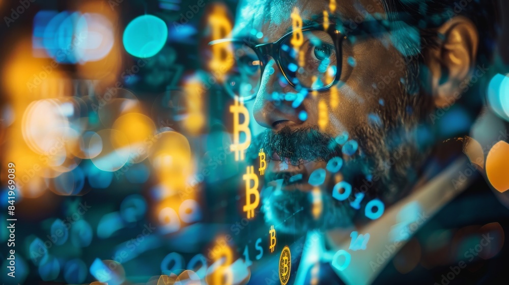 Glowing blue and orange circuit board pattern over a businessman's face. Glowing blue and orange circuit board pattern over a businessman's face.