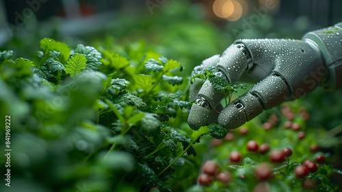 AI robotic hand tenderly caring for lush green view