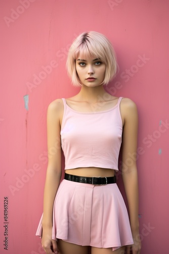 Portrait photograph, 17-year-old girl, Head to toe fits in the screen,short pink dress, arms folded in front of pink wall, extremely thin, full body image, short hair, half Japanese, half Italian, gre