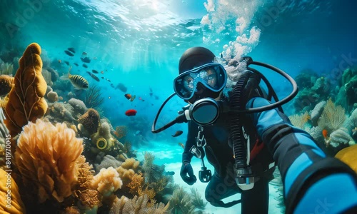 Wallpaper Mural A close-up of a scuba diver underwater, showcasing their face mask and breathing apparatus. The clear blue water and colorful marine life surround the diver, capturing the thrill and beauty  Torontodigital.ca