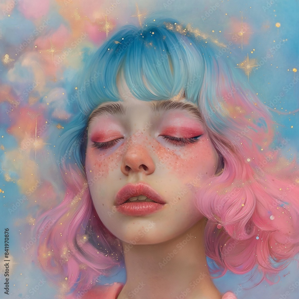 Una linda chica con el pelo en colores arcoíris, similar a una nube Una linda chica con el pelo en colores arcoíris, similar a una nube