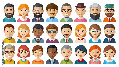 A vibrant collection of flat design s featuring diverse character heads, ideal for representing buyer personas, user profiles, or target audience demographics, buyer persona