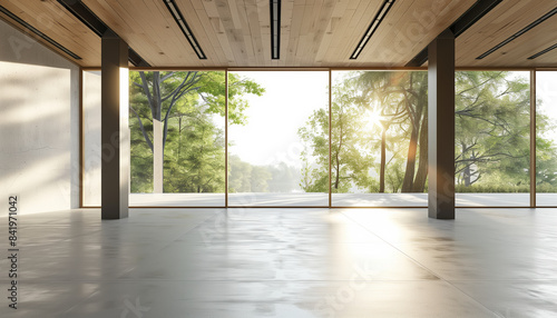 Sunlit Contemporary Empty Hall With Nature View 3d Render Featuring Concrete Floors And Blank White Walls For Copy Space