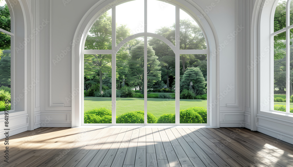 3d Render Of A Luxurious Classical Style White Room With Nature View And Arch Shape Window Overlooking Green Lawn And Garden
