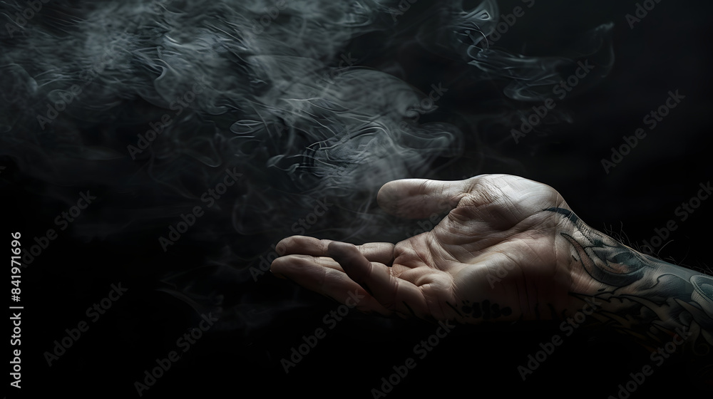 a hand with a tattoo on it and smoke on a black background a hand with a tattoo on it and smoke on a black background