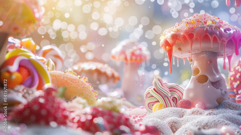 Photorealistic render, side view of an enchanted forest made of candy and pastries, glowing with magical light, detailed sugary textures, vibrant colors, whimsical elements