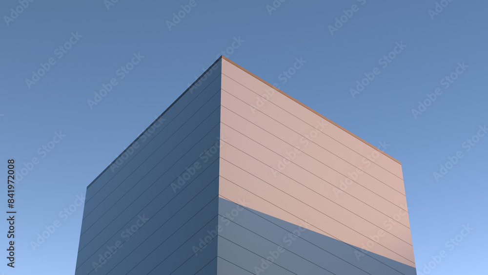 Design of a building made of blocks,concrete,minimal,tall building in the evening at sunset,wallpaper.3D render Design of a building made of blocks,concrete,minimal,tall building in the evening at sunset,wallpaper.3D render