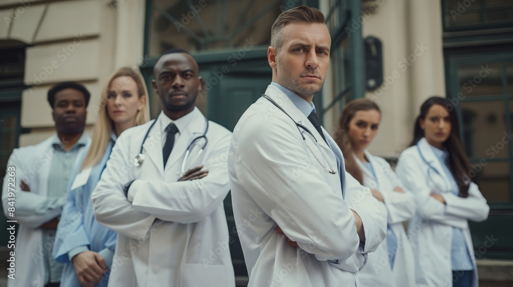 A diverse group of medical professionals in white coats, stethoscopes, and scrubs showcase teamwork and unity outside a hospital, highlighting their commitment to delivering healthcare A diverse group of medical professionals in white coats, stethoscopes, and scrubs showcase teamwork and unity outside a hospital, highlighting their commitment to delivering healthcare