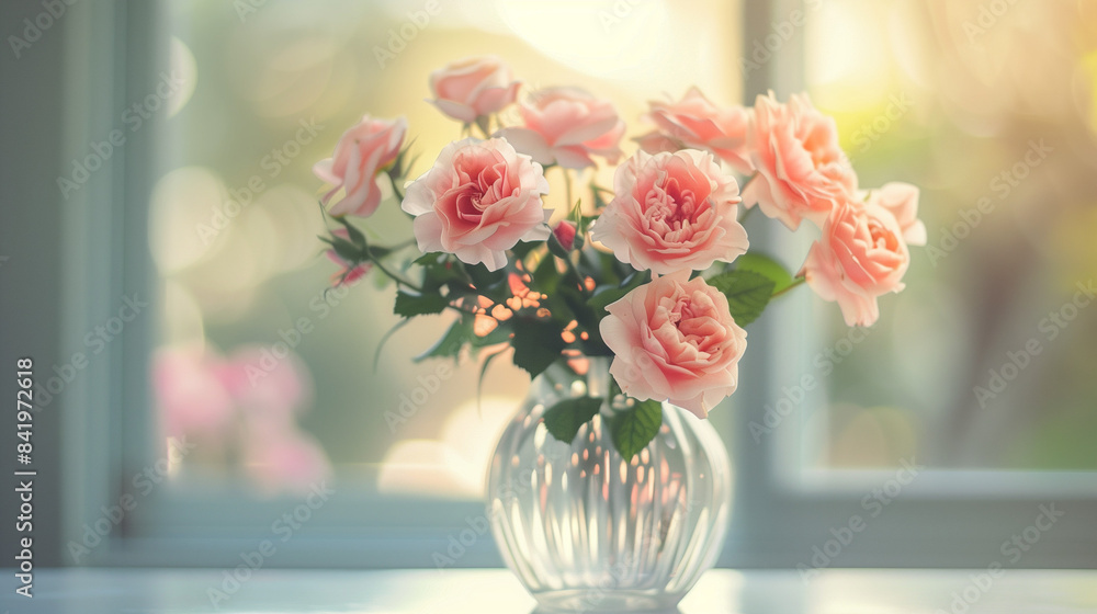 bouquet of delicate pink roses in an elegant glass vase, placed on the table by the window with sunlight streaming through bouquet of delicate pink roses in an elegant glass vase, placed on the table by the window with sunlight streaming through