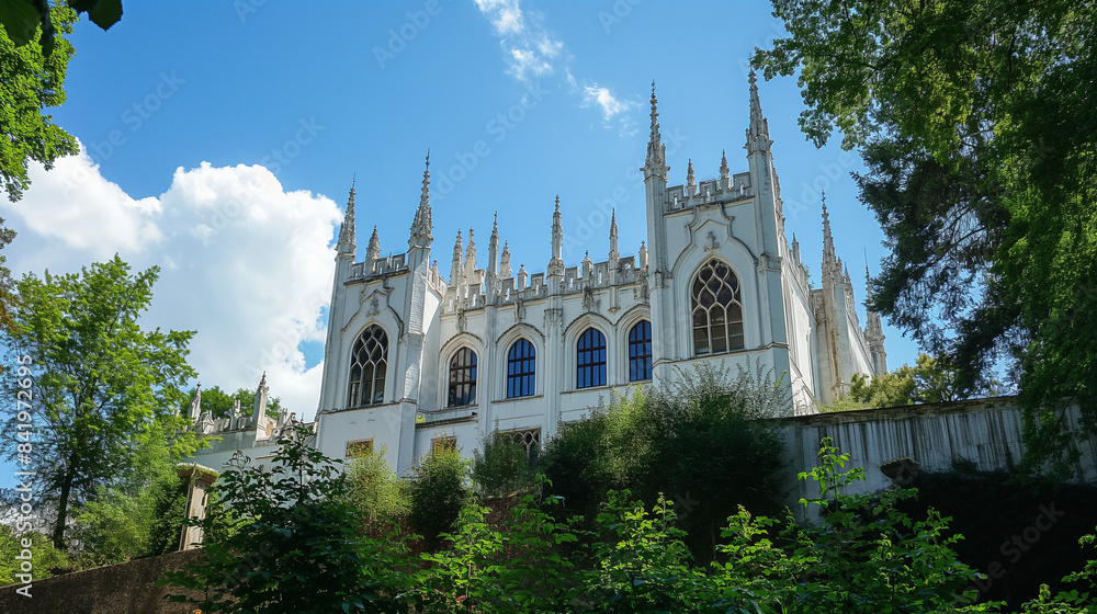 Obraz premium white gothic cathedral with large windows and spires, surrounded by lush greenery under the bright blue sky