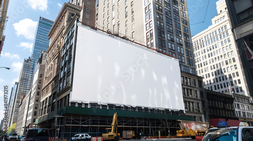 A huge white billboard is being built on the side of an office building in New York City. showcasing its impressive size and high resolution 