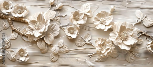 Beautiful flower 3d relief wallpaper. Mural wallpaper. Wall art. AI generated illustration.