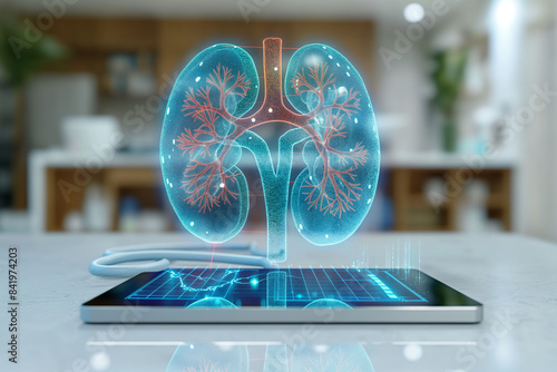 A holographic display of human lungs, projected from a tablet in a hospital or laboratory setting, symbolizing cutting edge medical visualization and patient education. photo