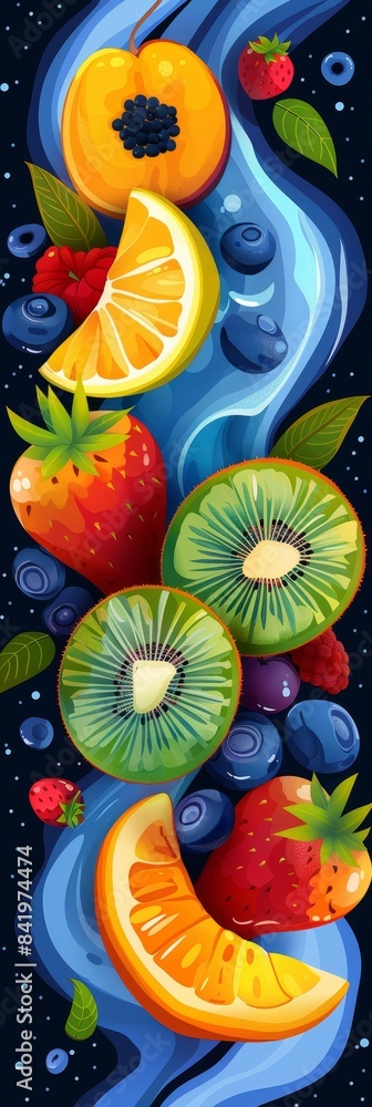 Abstract Fruit Background With Slices Of Orange, Kiwi, And Strawberry