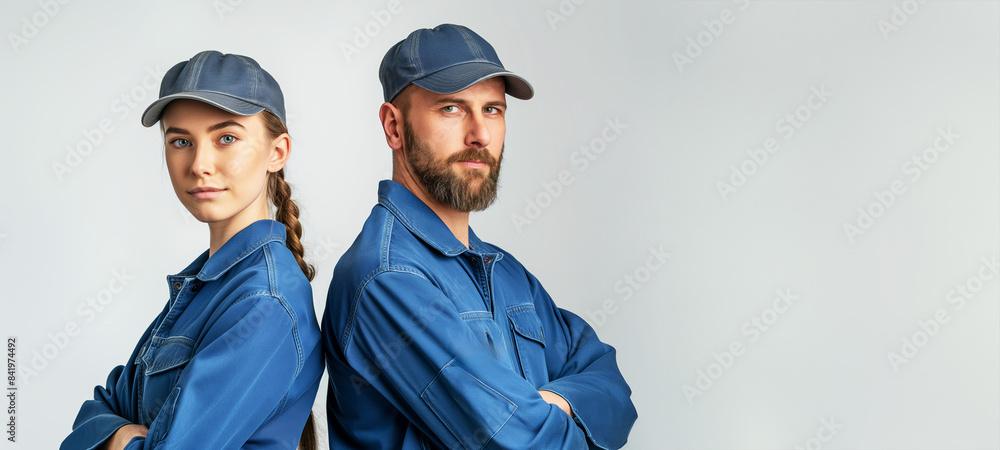 Two people wearing blue shirts and hats are standing next to each other. man and woman Plumber team standing near to each other back to back isolated on white background Two people wearing blue shirts and hats are standing next to each other. man and woman Plumber team standing near to each other back to back isolated on white background