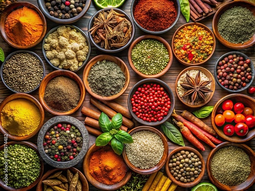 AI generated graphic art featuring a colorful array of Indian spices for creating delicious dishes , Indian spices, flavor, culinary, seasoning, cooking, traditional, cuisine, herbs