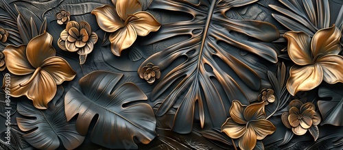 flora background engrave on a woodden board. Flower wallpaper. AI generated illustration photo