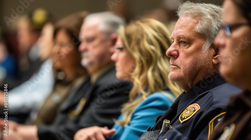 A Police Officer Sits Attentively During a Public Meeting