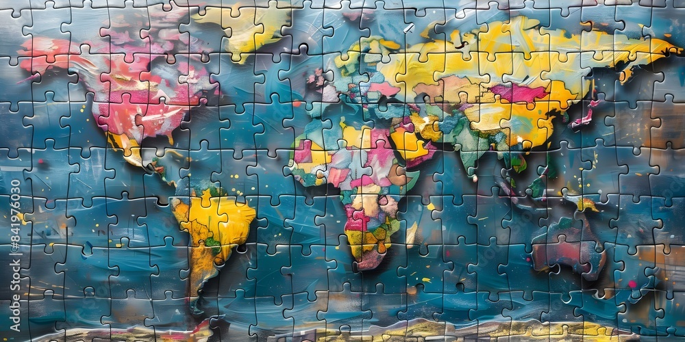 Fototapeta premium Colorful world map puzzle on blank background incomplete. Concept Puzzle Challenge, World Map, Colorful, Blank Background, Incomplete